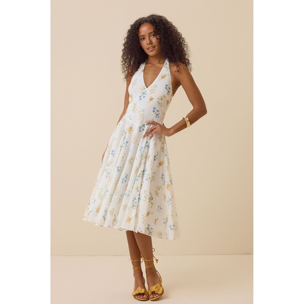 Altar'd State Floral Halter Midi Dress V-Neck A-Line Summer Sun Dress Size XL